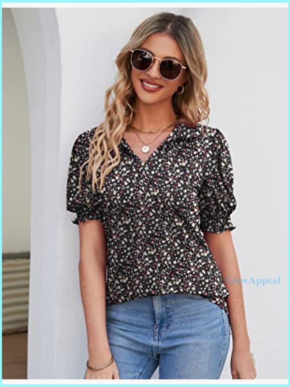 Women's V-Neck Polo Tunic with Puff Sleeves, Regular Fit, Lightweight Fabric - Picture 5 of 7